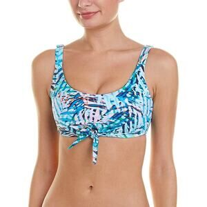 PilyQ Tropical Palm Print Knot Halter Blue Bikini Top Swimsuit Palmas Medium